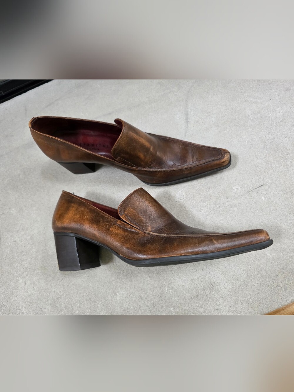 Brown Burnished Leather Block Heel Loafers Vintage Hispanitas Sz 38/8